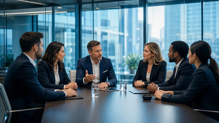 Consultores reunidos em uma sala corporativa discutindo estratégia de pessoas